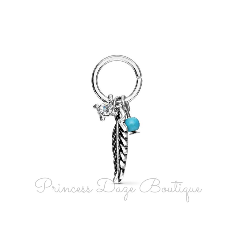 Tribal Silver Feather Ear Cartilage / Tragus Hoop Earring